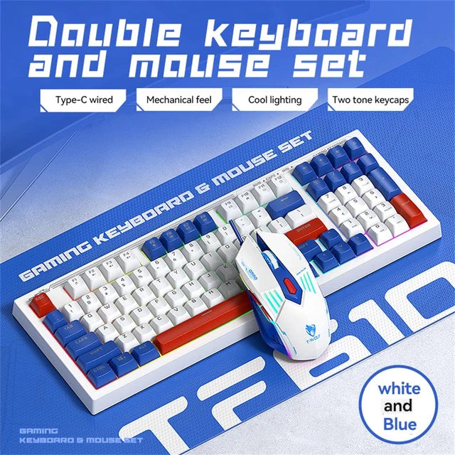 T-WOLF TF610 Keyboard and Mouse Game Keyboard and Mouse Set Mech Style Wired Esports Double Color White and Blue