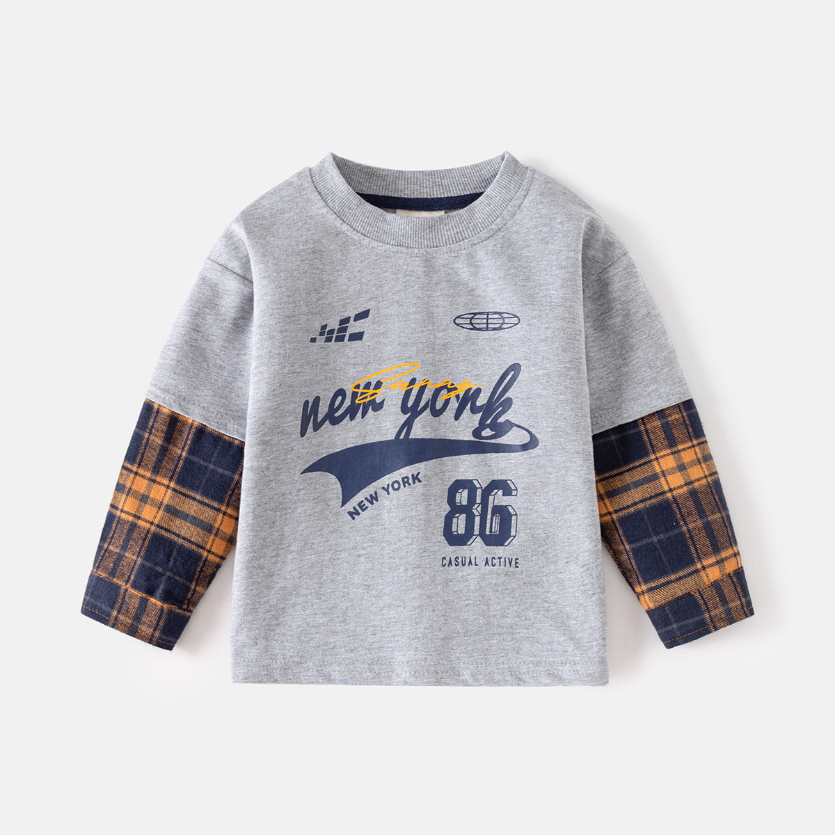Pure Cotton Mock Two-Piece T-Shirt Long Sleeve Base Layer for Kids