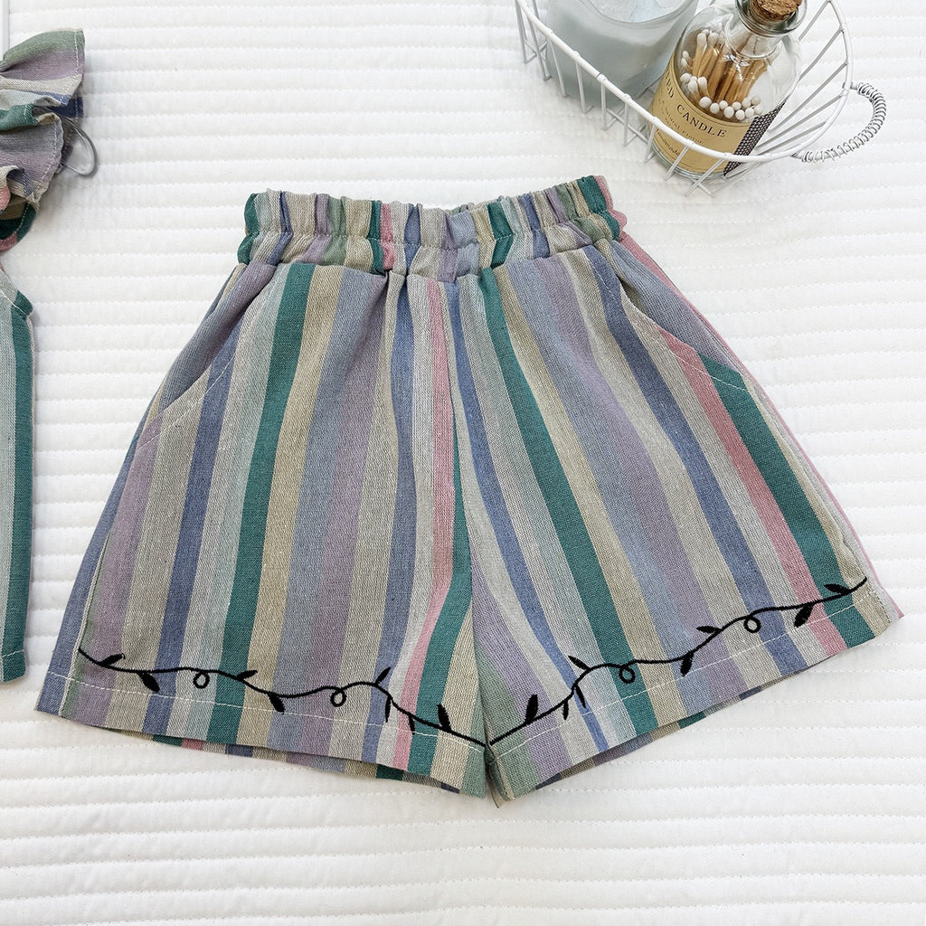 Summer Girls' Outfit Set New Stripe Sleeveless Top with Embroidery Flower Shorts Casual Two-Piece Set