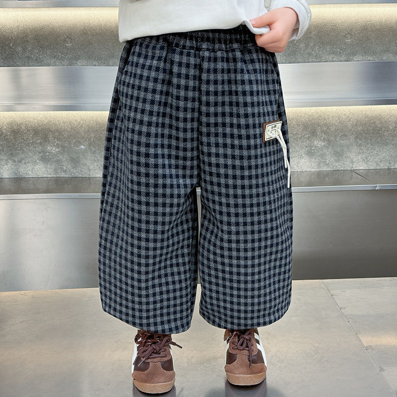 Boys Plaid Casual Tapered Long Pants Spring Autumn Checkered Trousers
