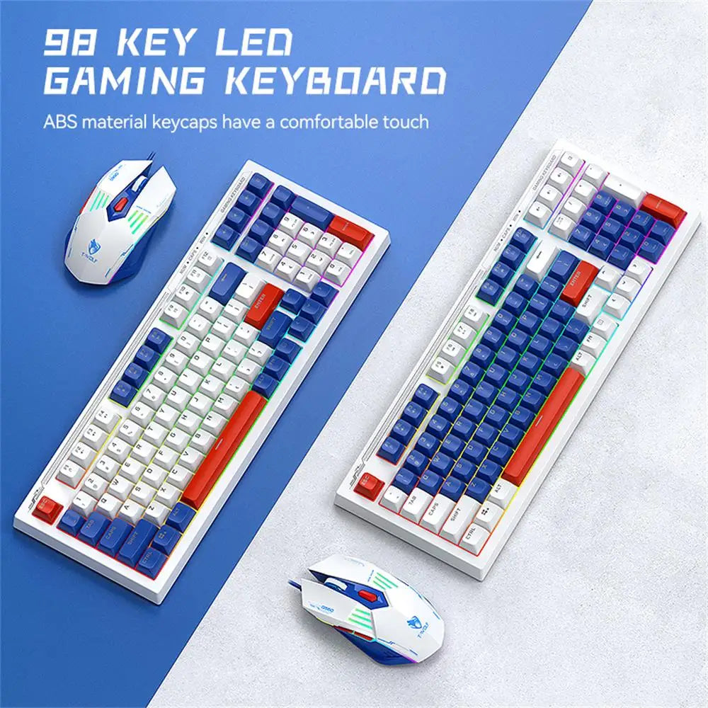 T-WOLF TF610 Gaming Keyboard and Mouse Set, Mech-Style Wired Esports Keyboard and Mouse, White and Blue Two-Tone