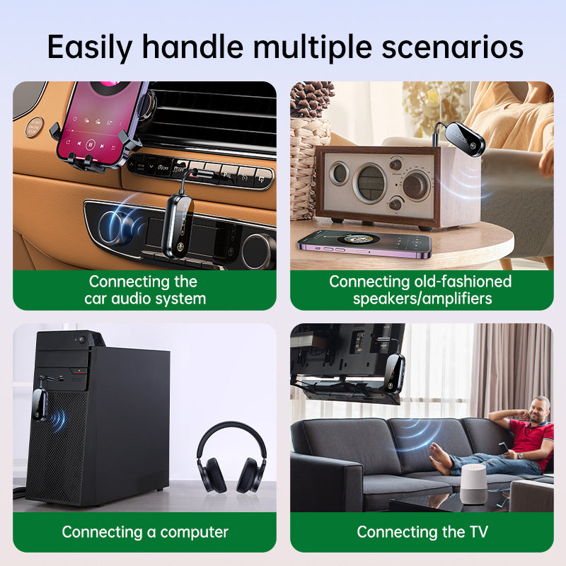 Recetor e Transmissor Bluetooth 2-em-1 – Carro, Ginásio e Viagem