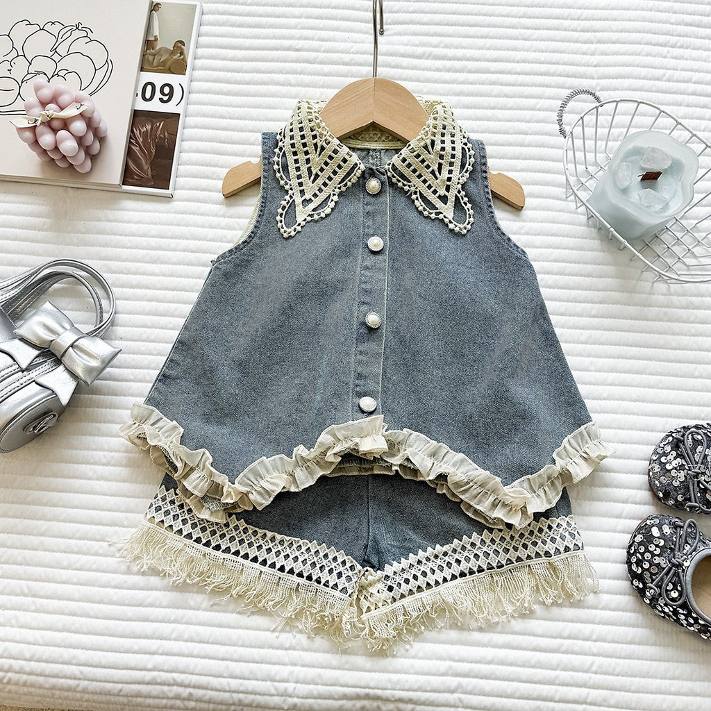 Fashionable Lace Collar Denim Vest Top with Ruffle Shorts Set for GirlsCasual Two-Piece Outfit