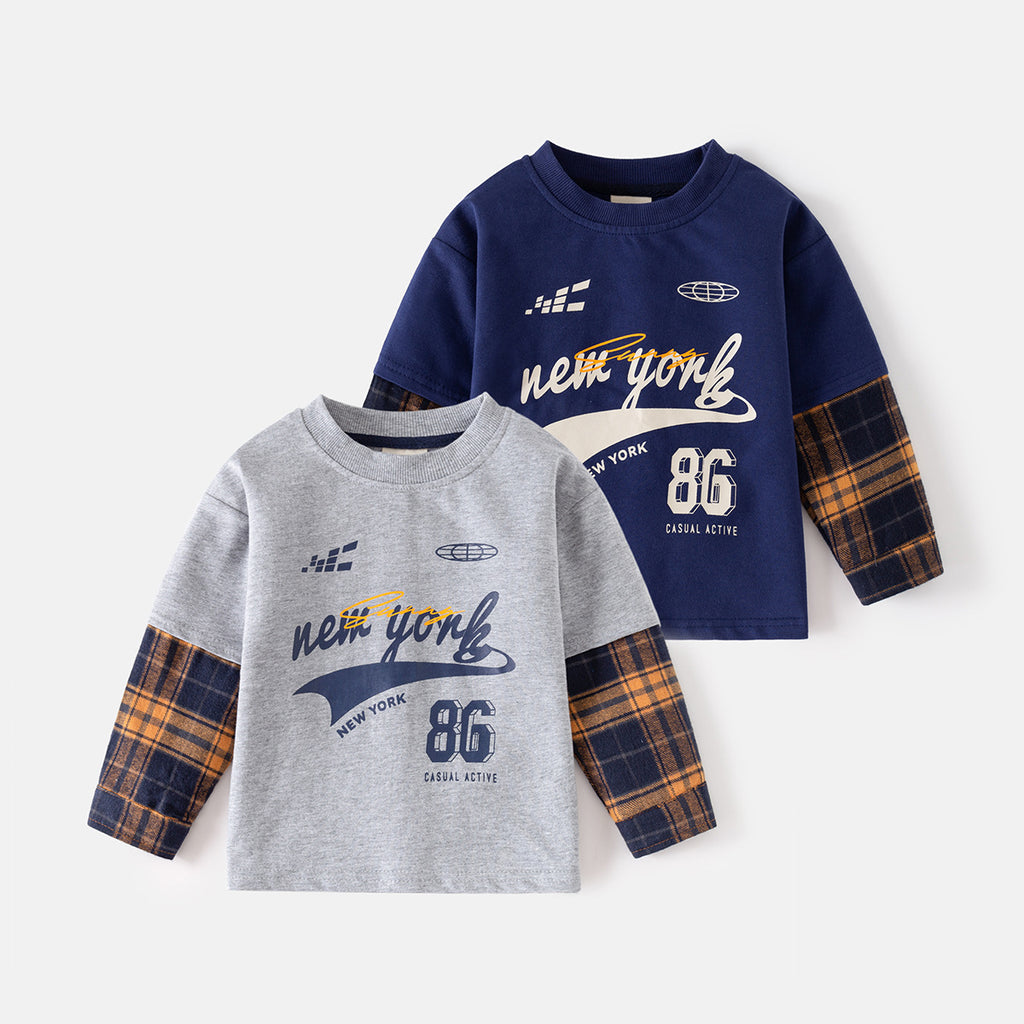 Pure Cotton Mock Two-Piece T-Shirt Long Sleeve Base Layer for Kids
