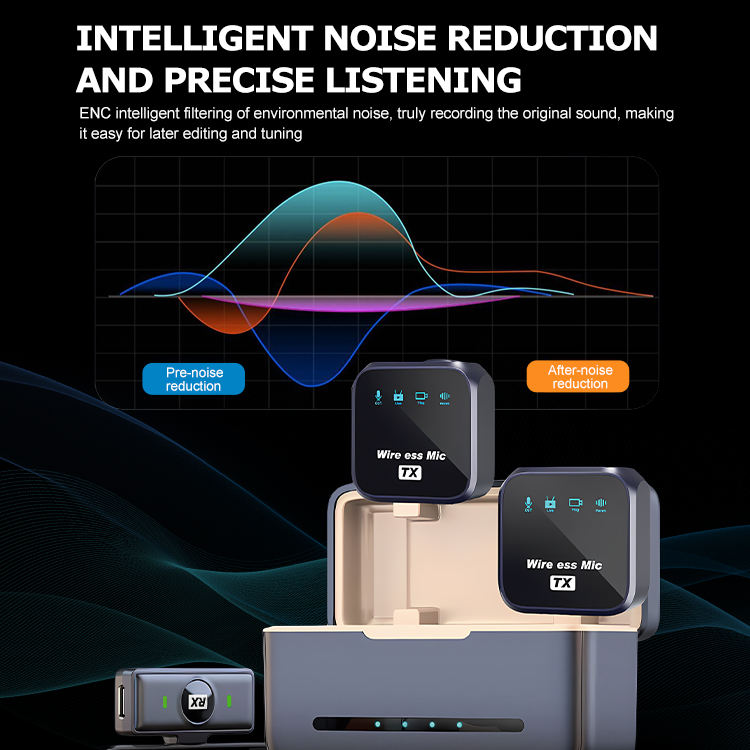One-to-two wireless lavalier microphone with intelligent noise reduction, receiver, and microphone clip