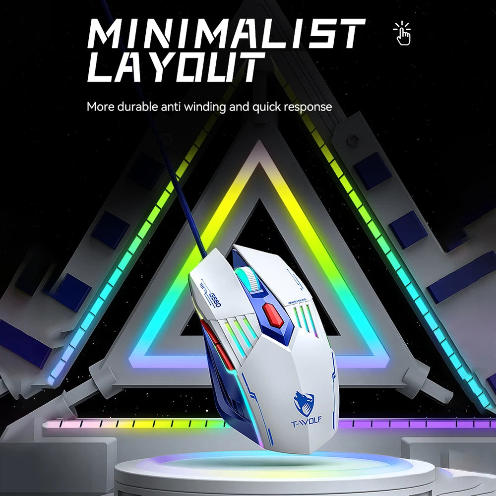 T-WOLF TF610 Gaming Keyboard and Mouse Set, Mech-Style Wired Esports Keyboard and Mouse, White and Blue Two-Tone