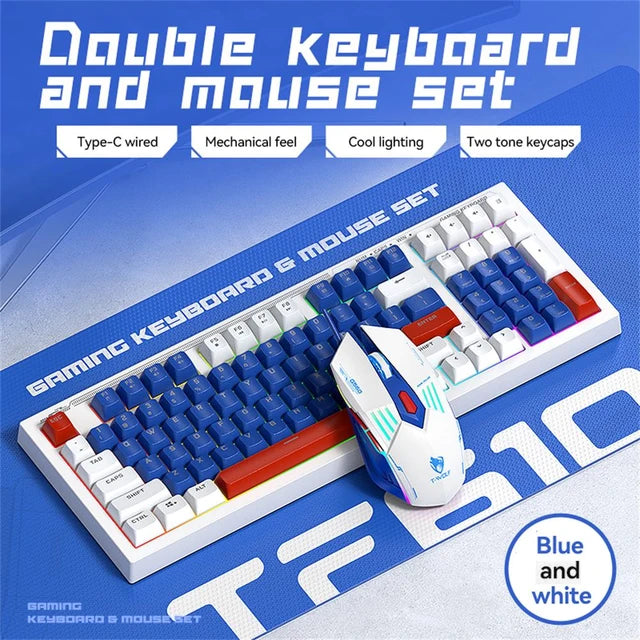 T-WOLF TF610 Gaming Keyboard and Mouse Set, Mech-Style Wired Esports Keyboard and Mouse, White and Blue Two-Tone