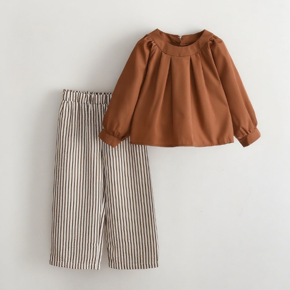 Fashionable Two-Piece Set for Girls: Long Sleeve Pullover Top with Striped Pants, Casual Children's Clothing