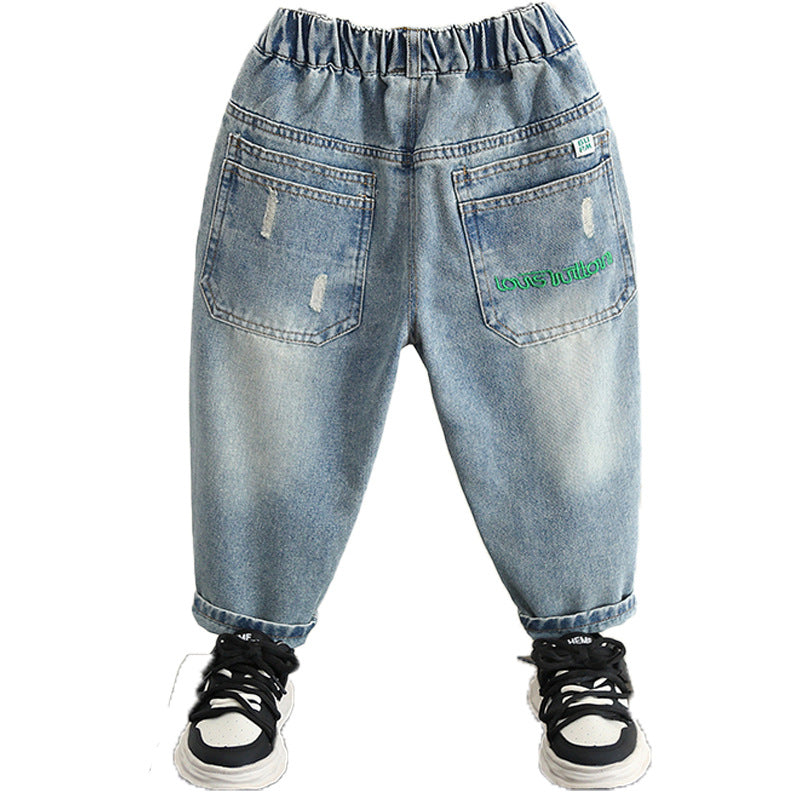 Casual Spring Autumn Boys Soft Denim Elastic Waist Casual Pants