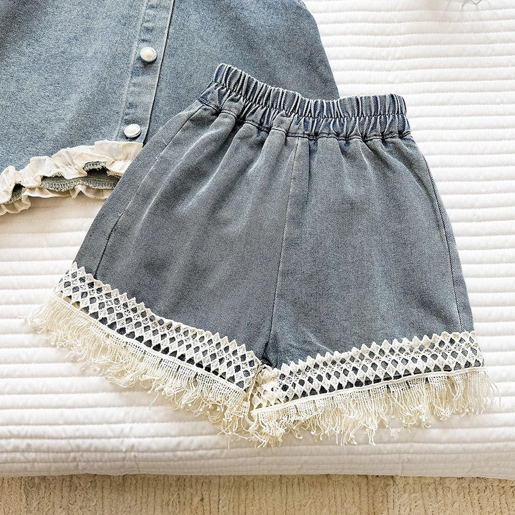 Fashionable Lace Collar Denim Vest Top with Ruffle Shorts Set for GirlsCasual Two-Piece Outfit