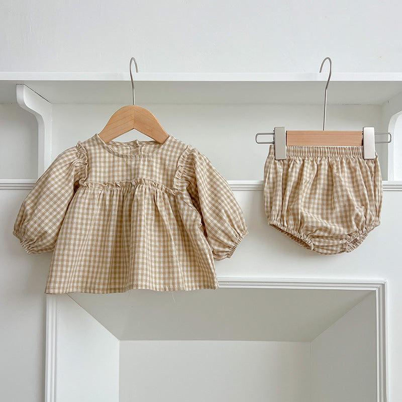 Baby Long Sleeve Plaid Puff Sleeve Top and Three-Point Pants Set