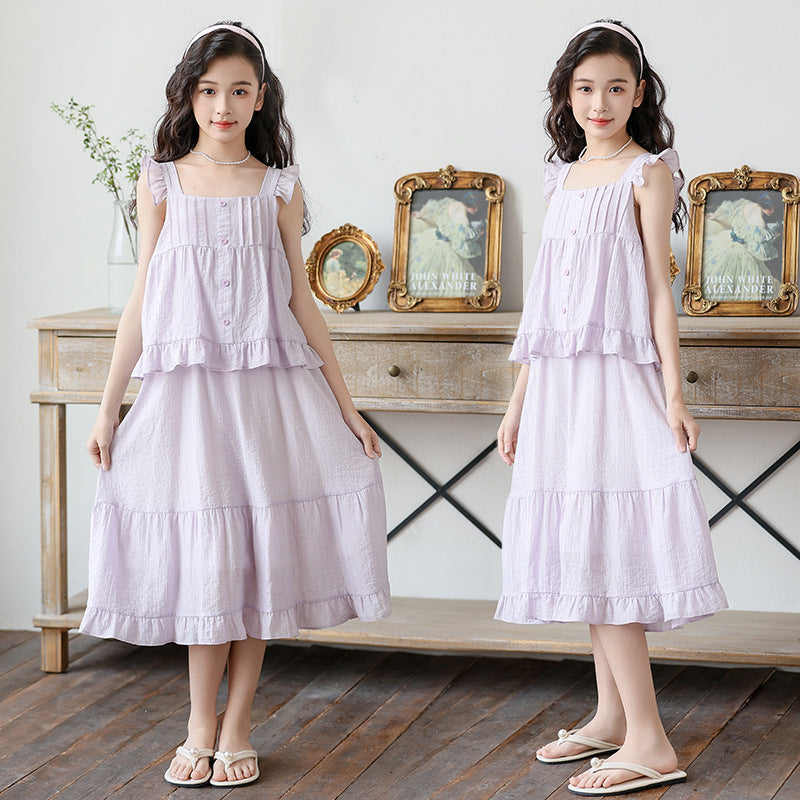 Cute Floral Trimmed Strap Dress for Girls Two-Piece Style Elegant Dress for Kids