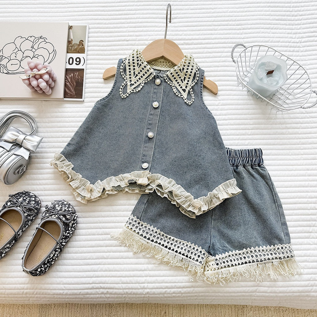 Fashionable Lace Collar Denim Vest Top with Ruffle Shorts Set for GirlsCasual Two-Piece Outfit