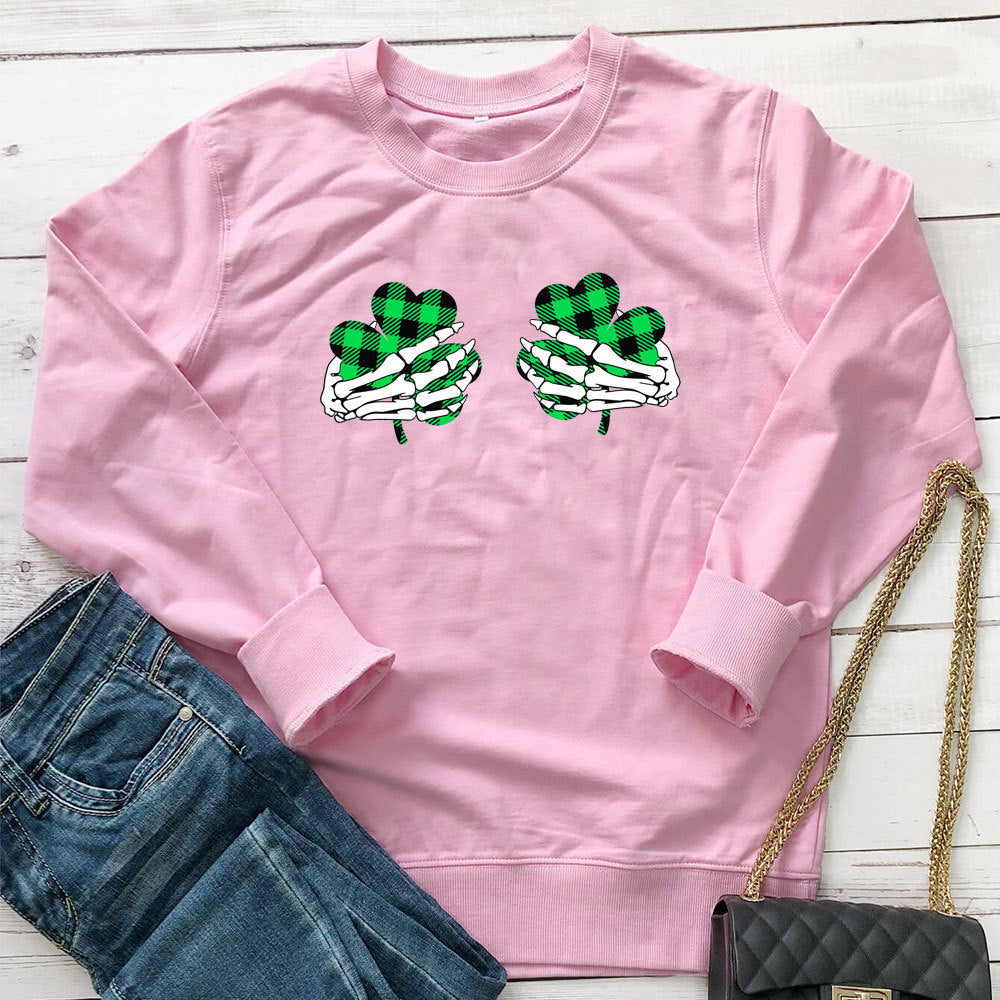 Skeleton Hand Clover Printed Hoodie