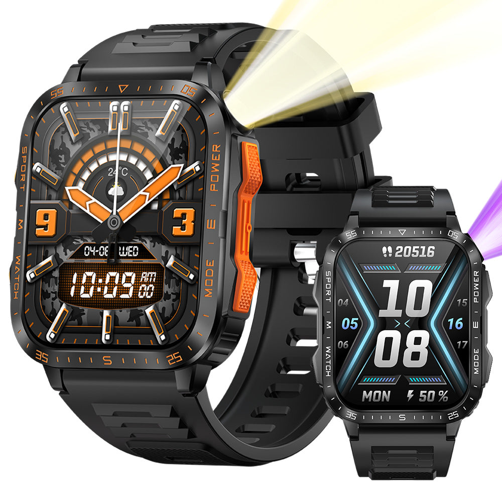 KT79 smartwatch, 3ATM waterproof, heart rate, blood pressure, outdoor flashlight, rugged sports, Bluetooth call