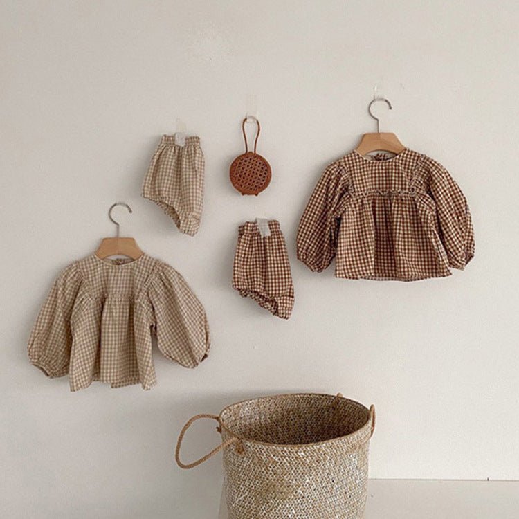 Baby Long Sleeve Plaid Puff Sleeve Top and Three-Point Pants Set