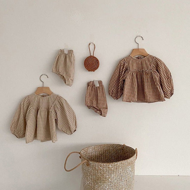 Baby Long Sleeve Plaid Puff Sleeve Top and Three-Point Pants Set