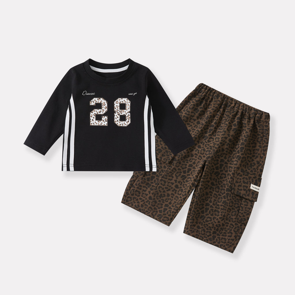 Number Print Top, Boy's Fashion Leopard Print Loose Wide Leg Pants Two-Piece Set