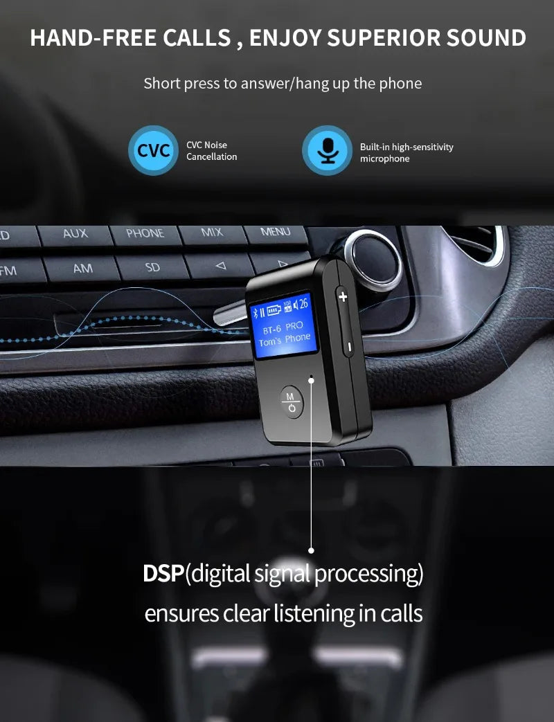 Adaptador Bluetooth 5.0 para Carro com AUX e Chamadas Mãos-Livres