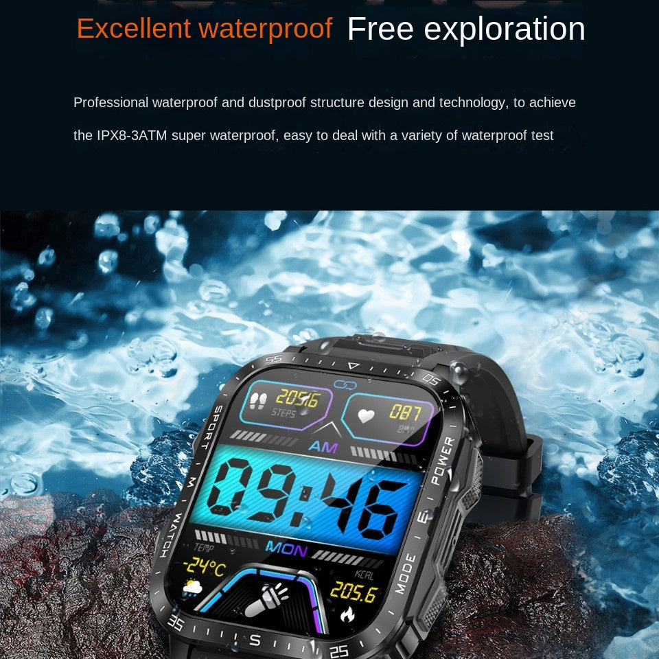 KT79 smartwatch, 3ATM waterproof, heart rate, blood pressure, outdoor flashlight, rugged sports, Bluetooth call
