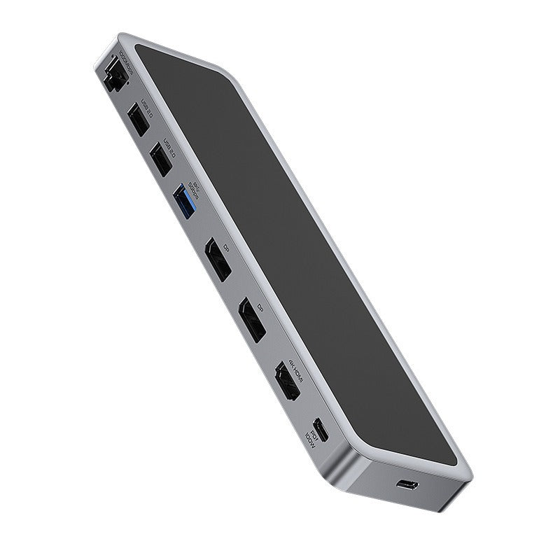 Type-C docking station with 4K60Hz dual-display output, supporting extended mode for multi-monitor setups with dual DP and HDMI ports.