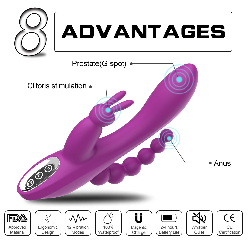 Triple Rabbit Vibrator — 12 Modes | G-Spot + Clitoral + Anal | Rechargeable | Adult (18+)