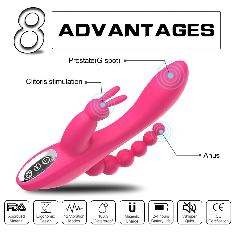 Triple Rabbit Vibrator — 12 Modes | G-Spot + Clitoral + Anal | Rechargeable | Adult (18+)